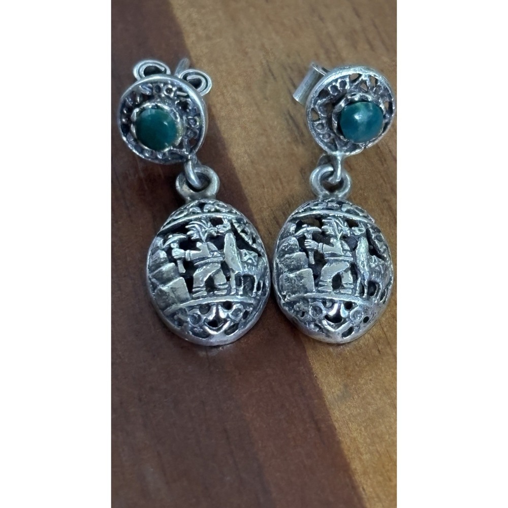 Peruvian Sterling Silver Green Stone Tumi Headdress Post Dangle Earrings 5.4 G